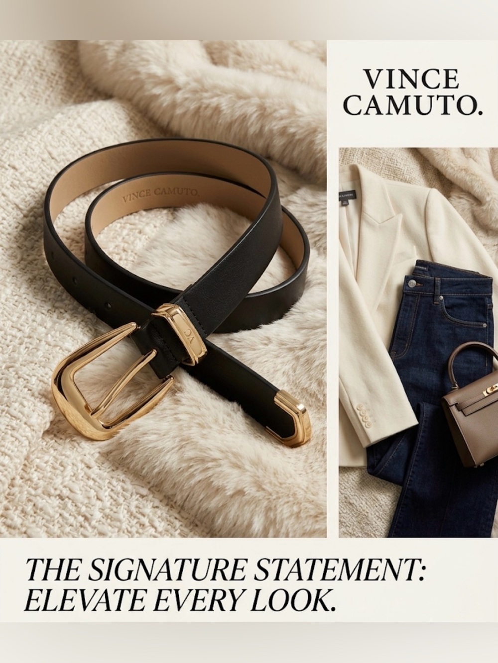Vince Camuto Black Leather Belt with Gold-Tone Buckle